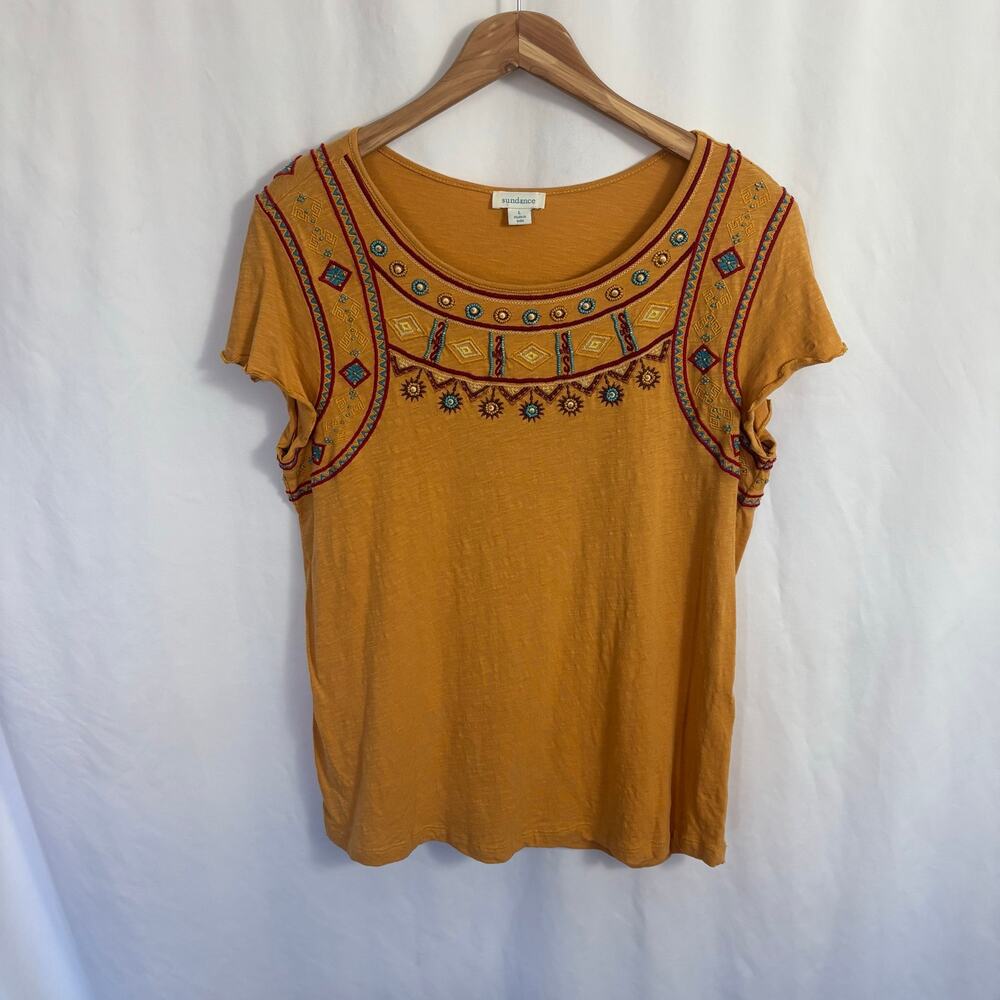 Sundance Womens L Mustard Embroidered Beaded Boho Cotton Top Southwestern